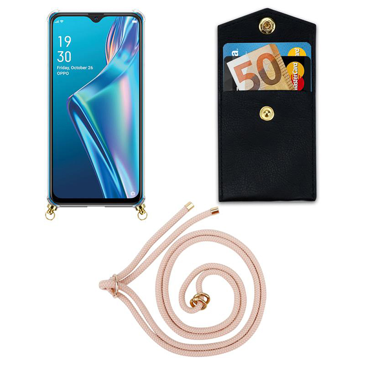 CADORABO Handy Kette mit abnehmbarer Gold A12, ROSÉGOLD und Band PERLIG Ringen, Hülle, Oppo, Kordel Backcover