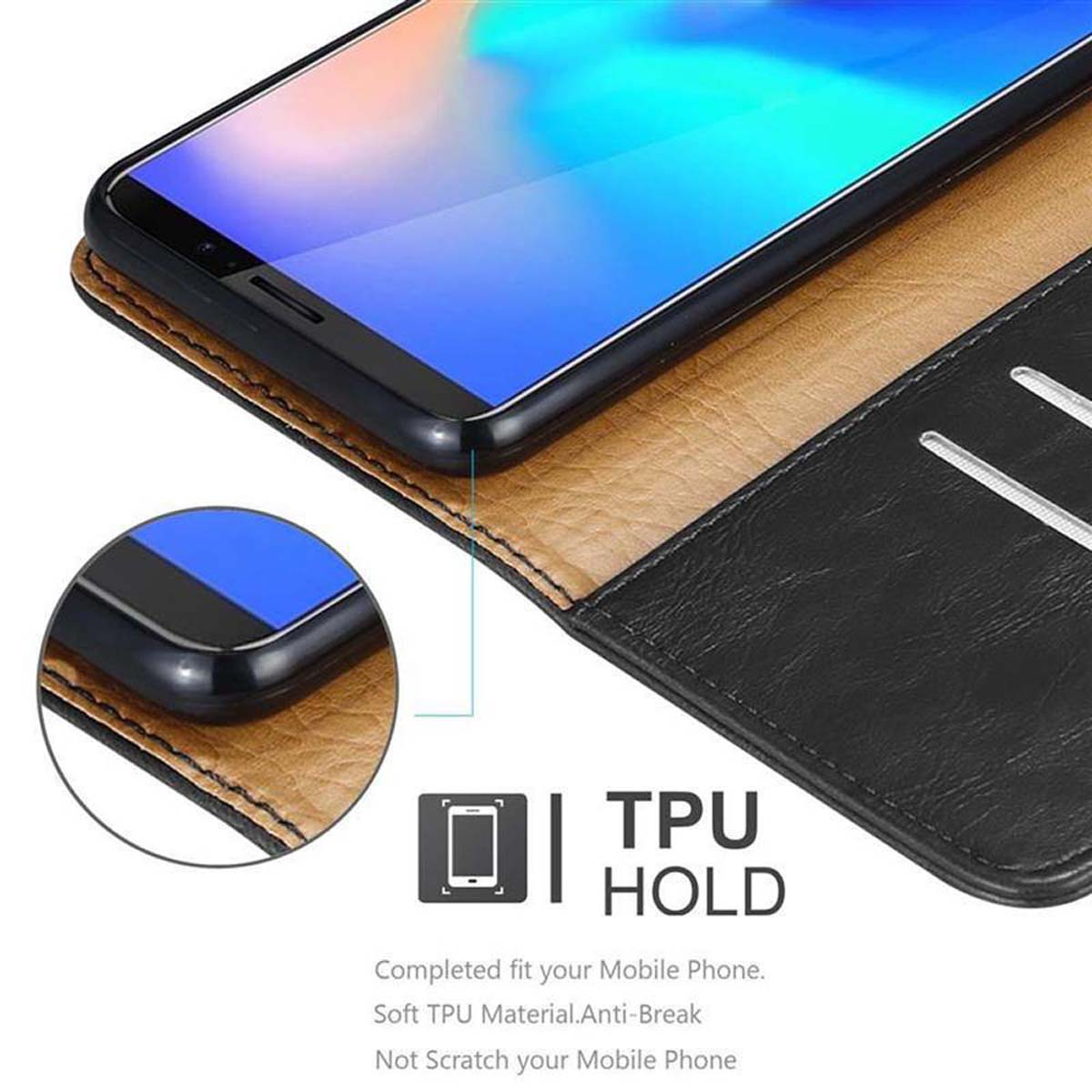 Un telefono è aperto in una custodia. La custodia aperta è marrone, con un supporto in TPU.