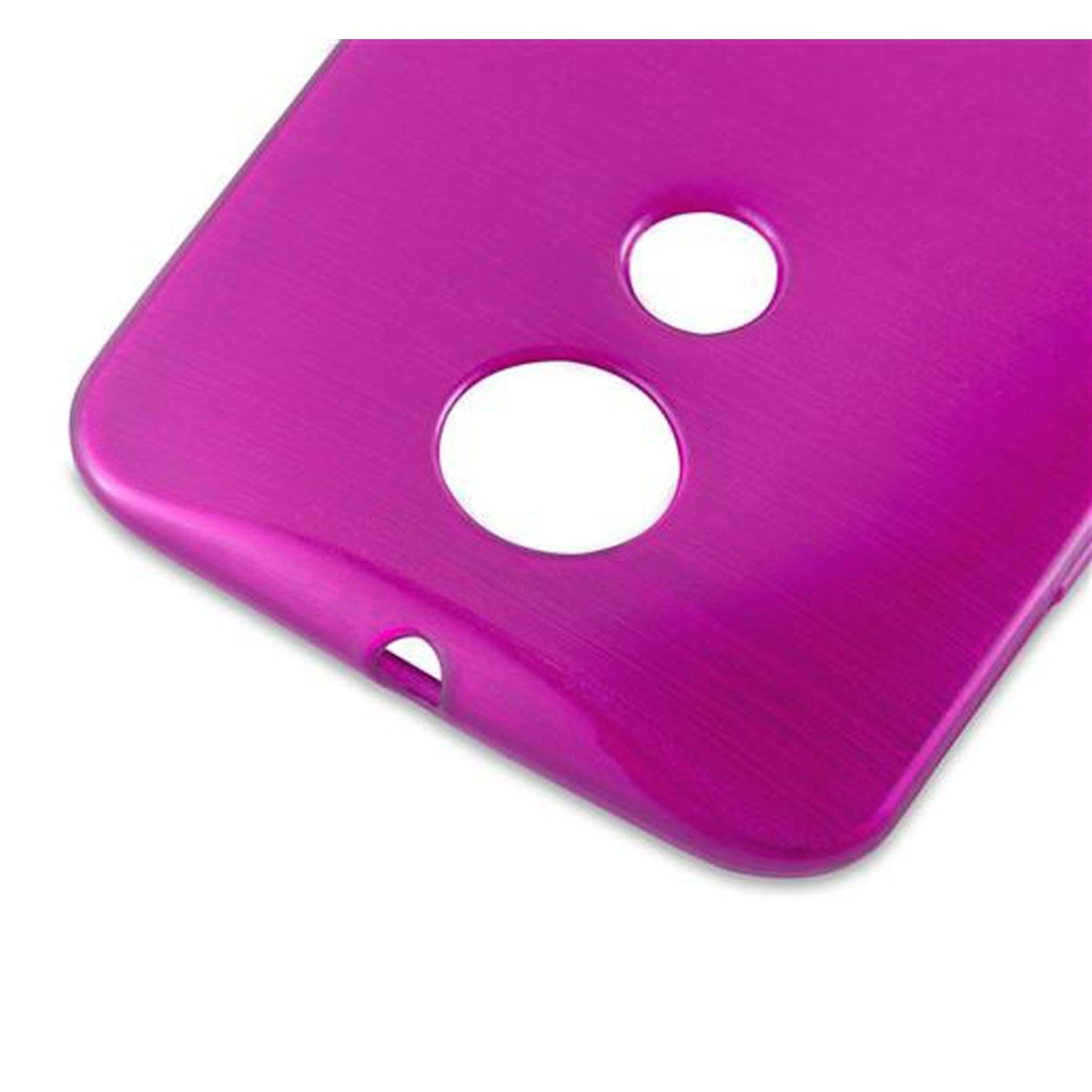 Custodia per telefono viola. La custodia ha fori per la fotocamera e altre funzioni del telefono.
