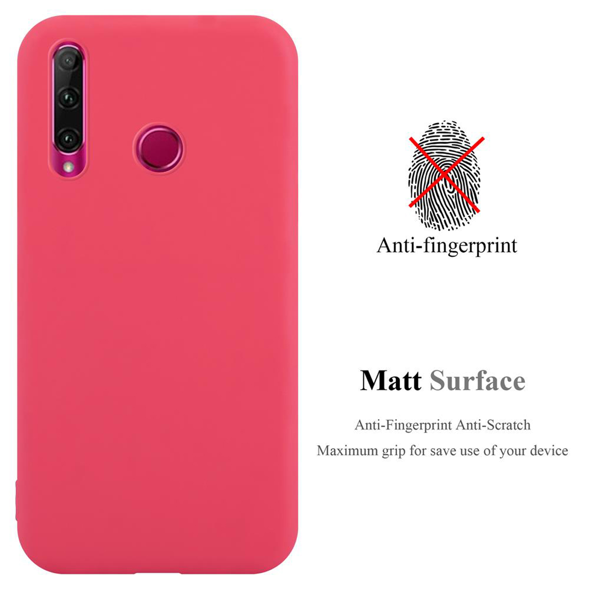 Custodia rossa per telefono con testo sulle caratteristiche anti-impronte e superficie opaca, con icona dell'impronta.