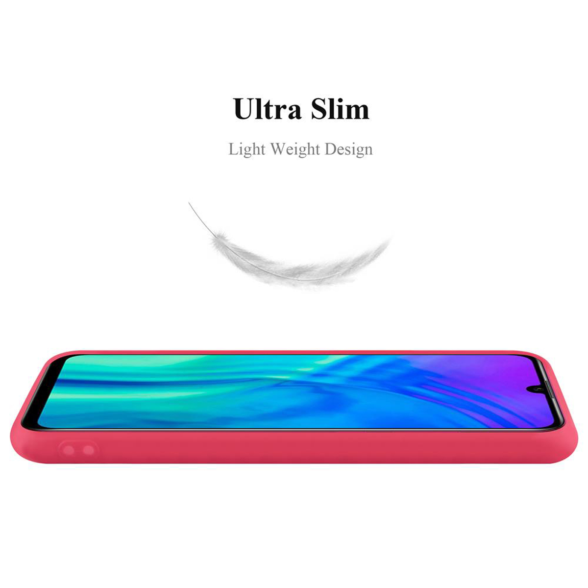 Custodia rossa per telefono su sfondo bianco. Testo: Ultra Slim, con piuma.