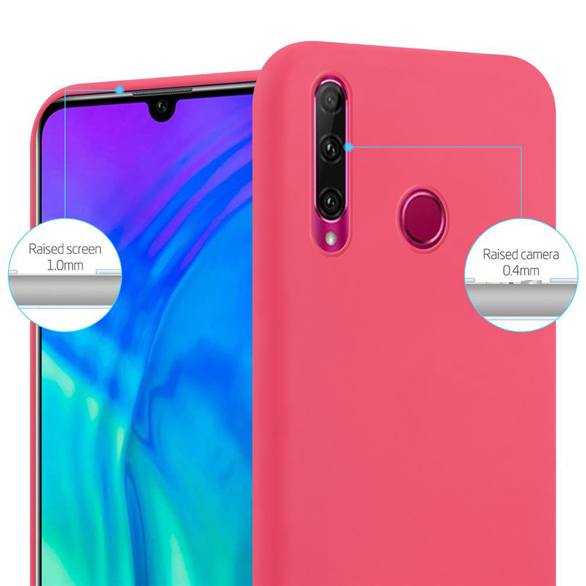 Un telefono rosa con custodia rosa. Il design della custodia alza lo schermo e la fotocamera.