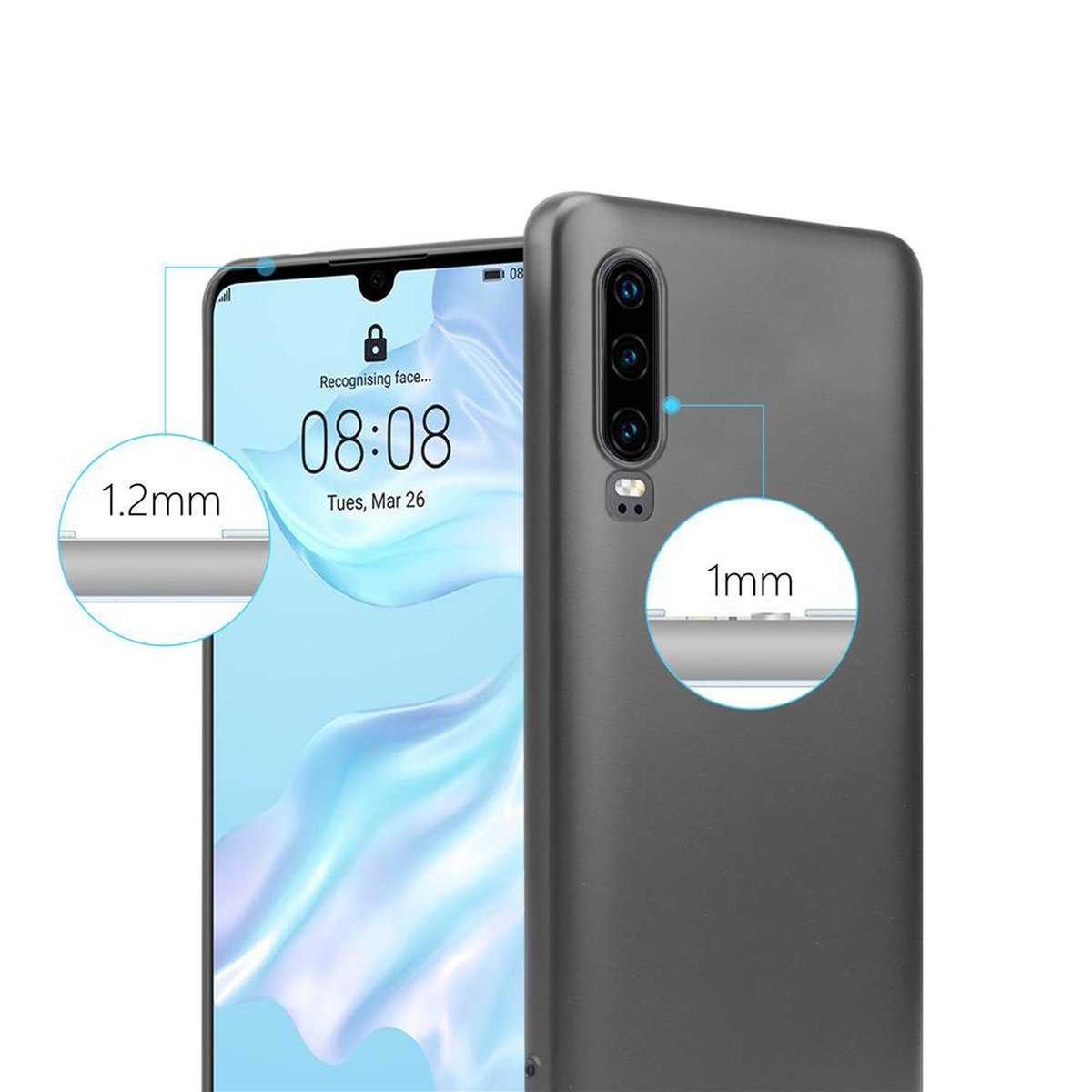 Primo piano di una custodia grigia per telefono con un telefono. Lo schermo del telefono mostra l'ora.