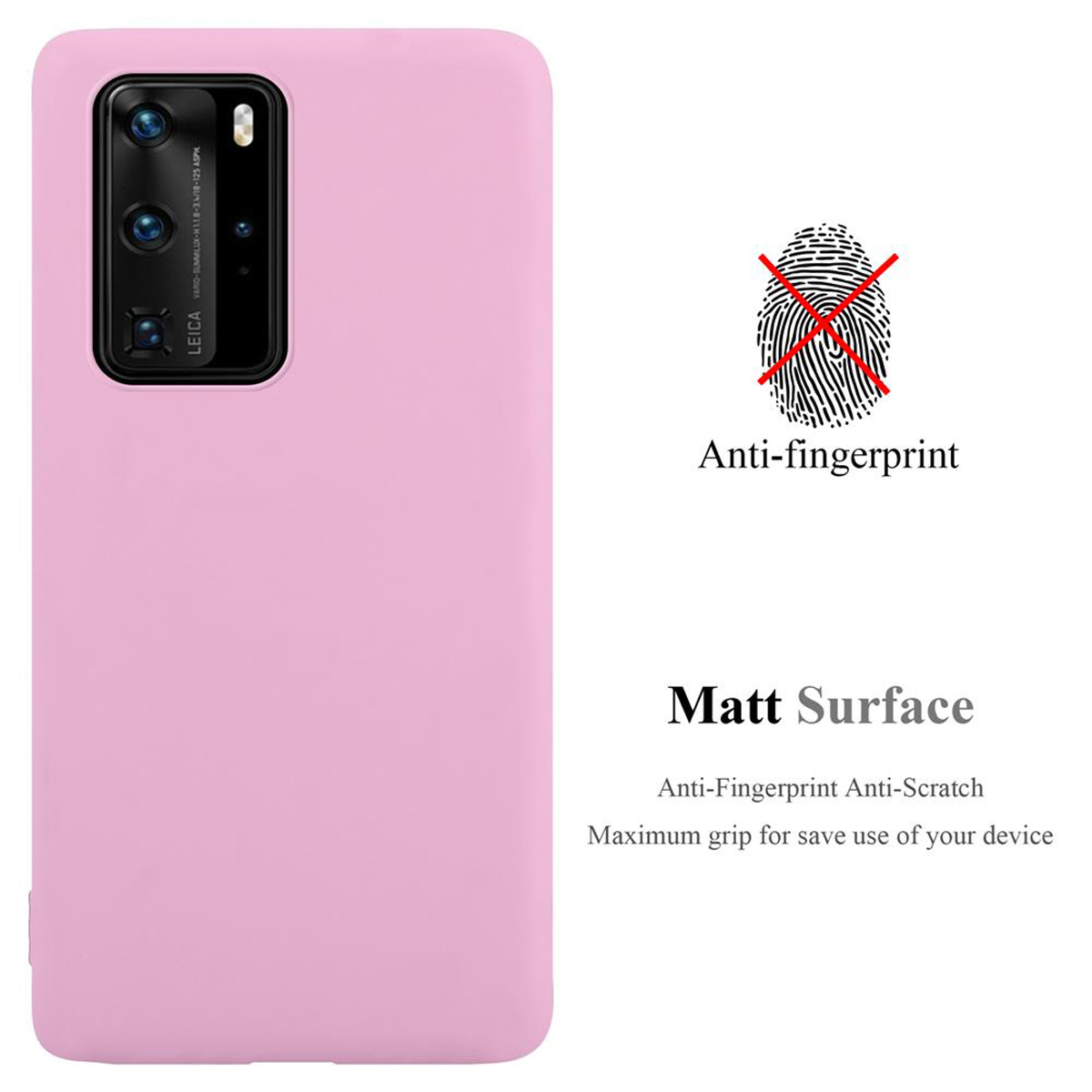 Una custodia per telefono rosa con testo e un simbolo di impronta digitale. Sfondo bianco.