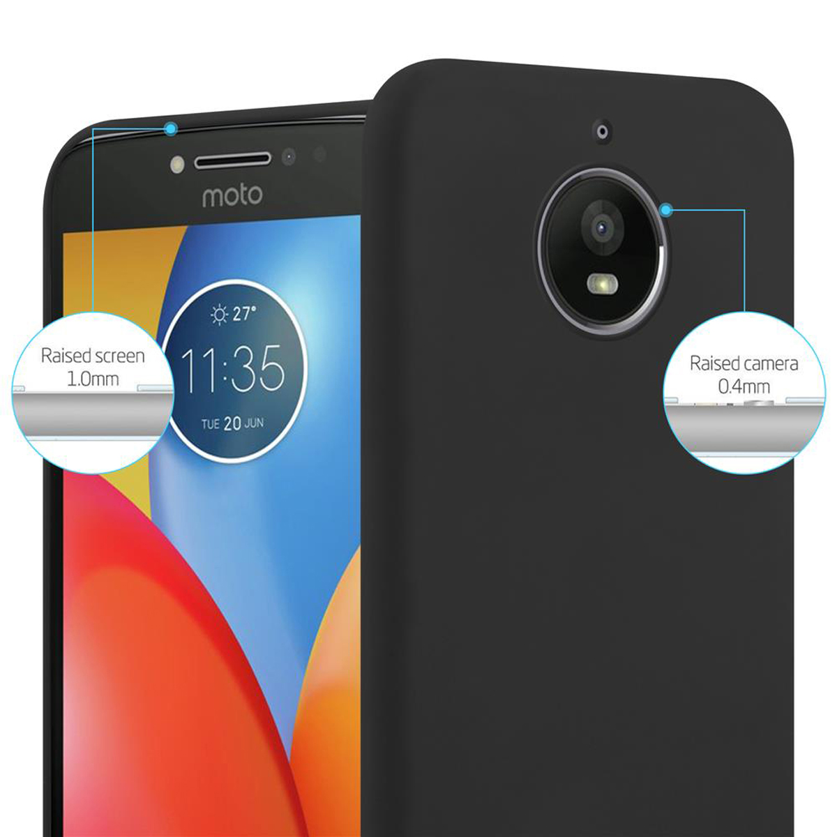 Custodia nera per telefono con protezione schermo e fotocamera rialzata. Il telefono mostra ora e data.