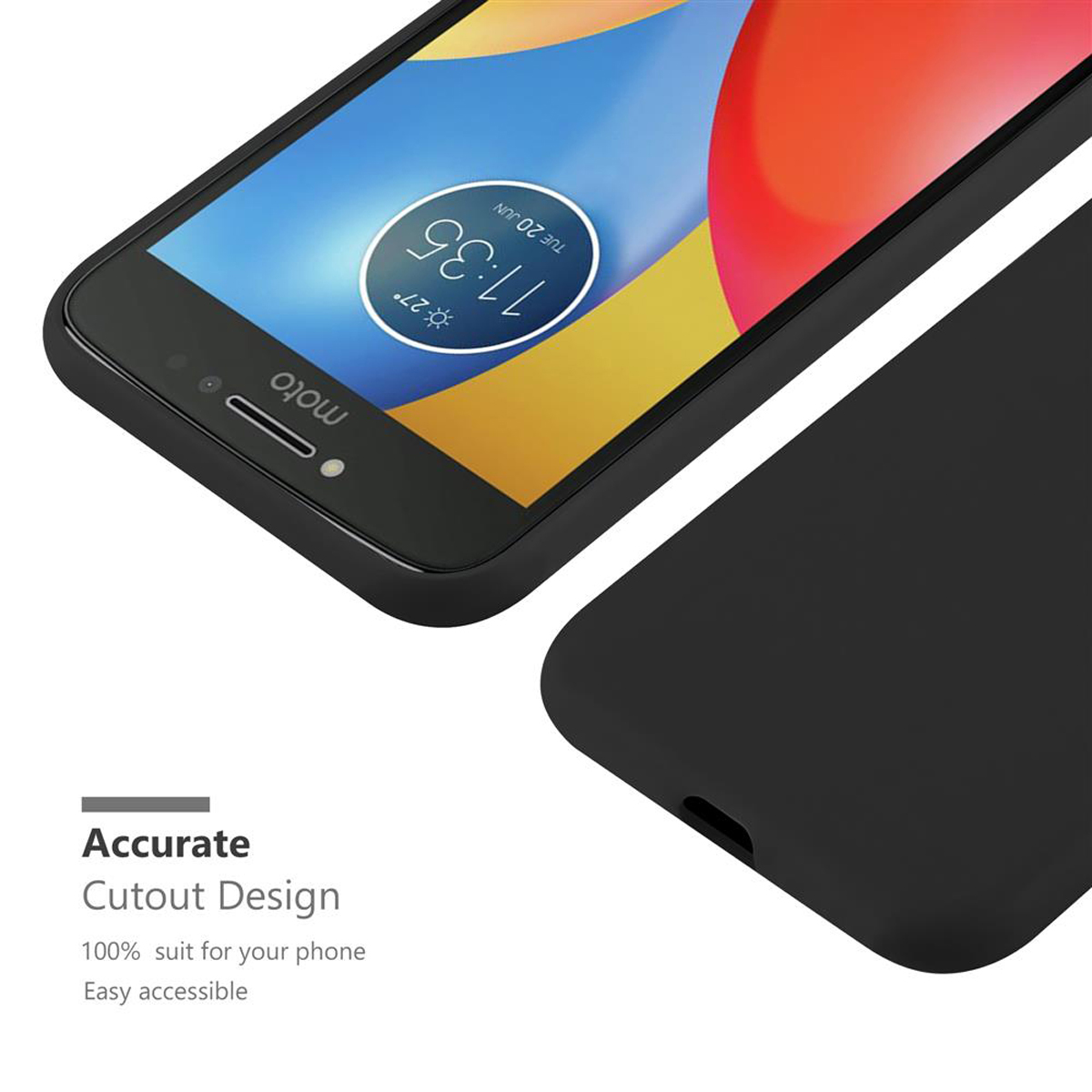 Telefono nero con custodia. Testo: Design preciso, 100% adatto al tuo telefono.
