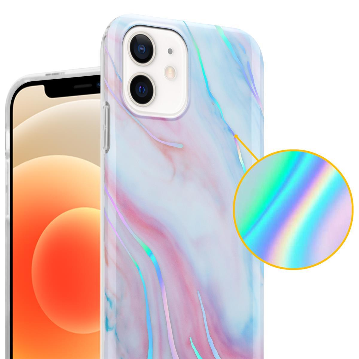 Telefono bianco con custodia effetto marmo. La custodia ha un effetto olografico iridescente.