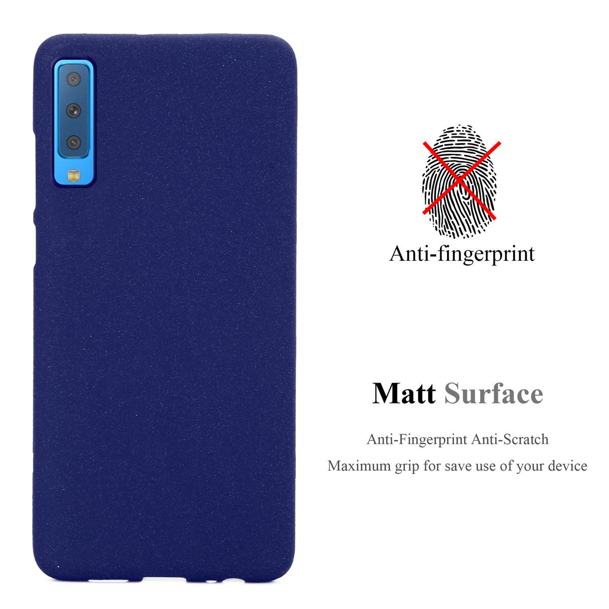 Custodia blu con testo su anti-impronta e superficie opaca, sfondo bianco.