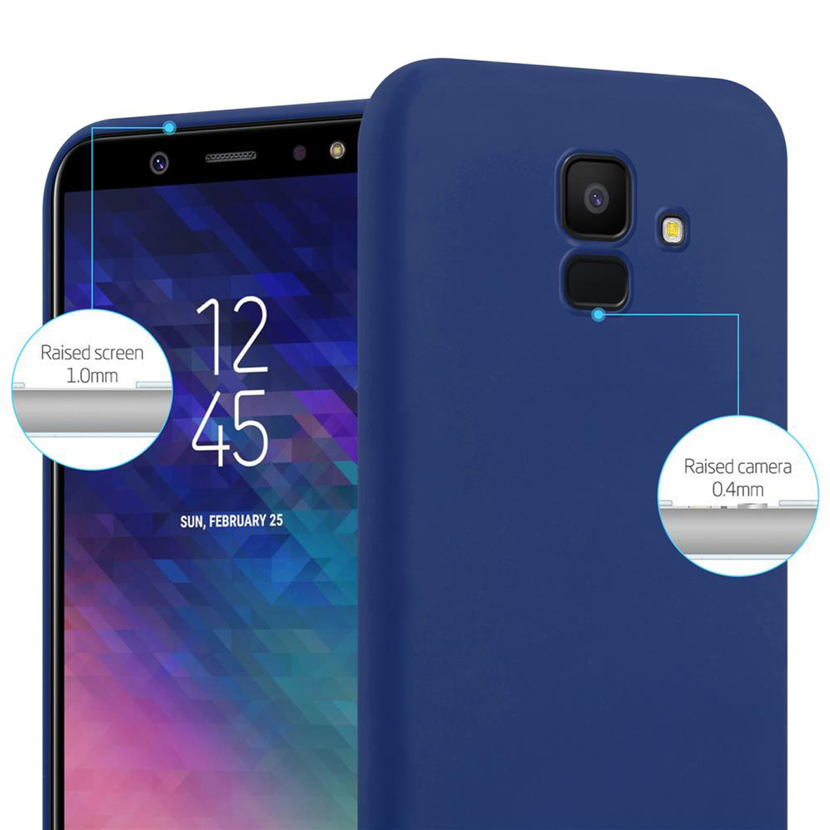 Blaue Handyhülle mit erhöhtem Bildschirm- und Kameraschutz. Das Telefon zeigt Datum und Uhrzeit an.