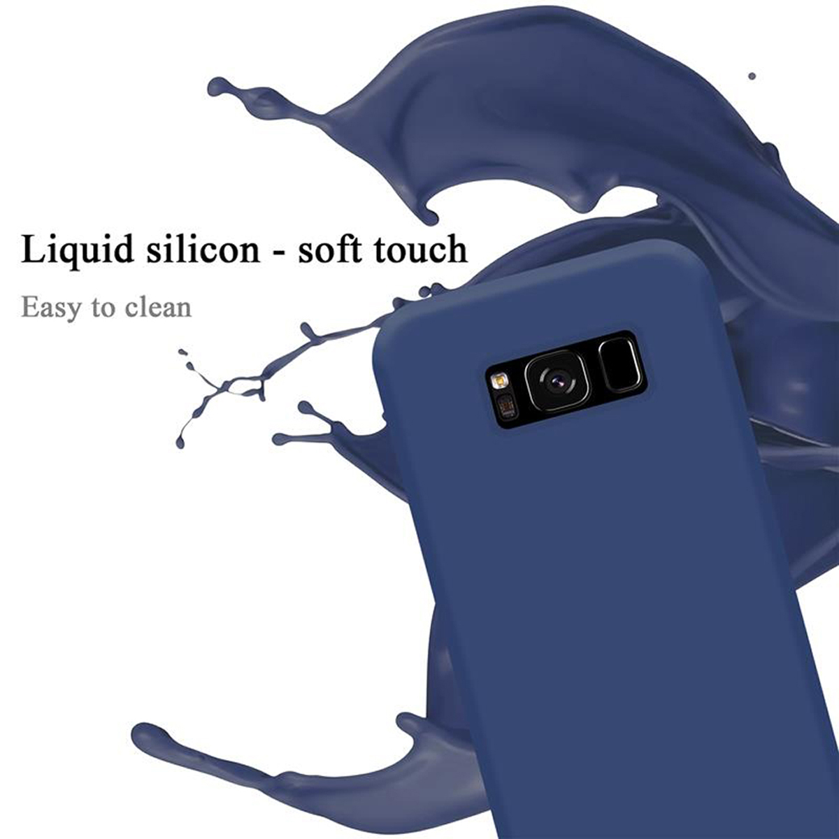 Blaue Handyhülle mit flüssiger Silikonstruktur. Blauer Flüssigkeitsspritzer im Hintergrund, mit Text: weichem Griff und leicht zu reinigen.