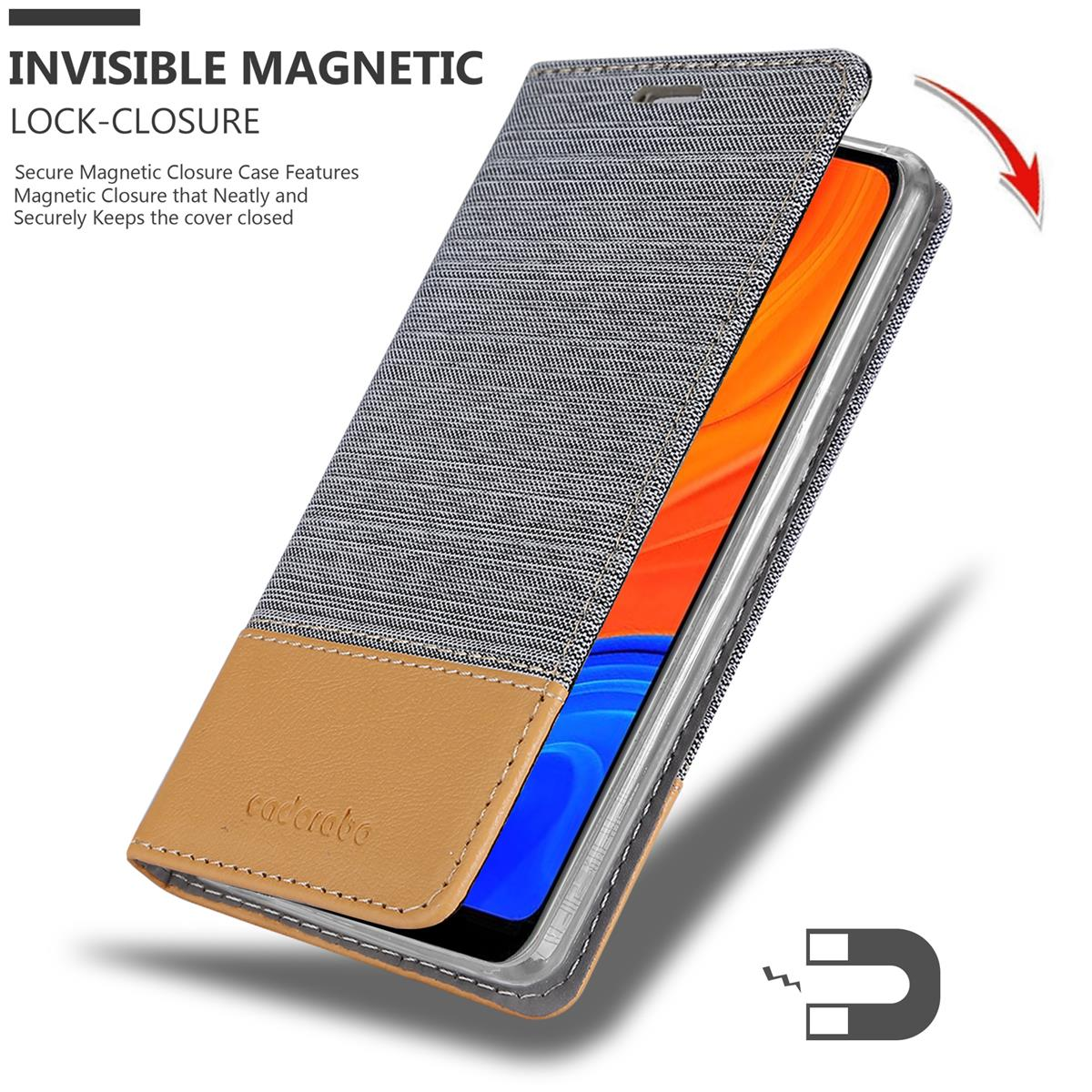 Una custodia per telefono con un design grigio e marrone viene aperta per rivelare lo schermo arancione del telefono.