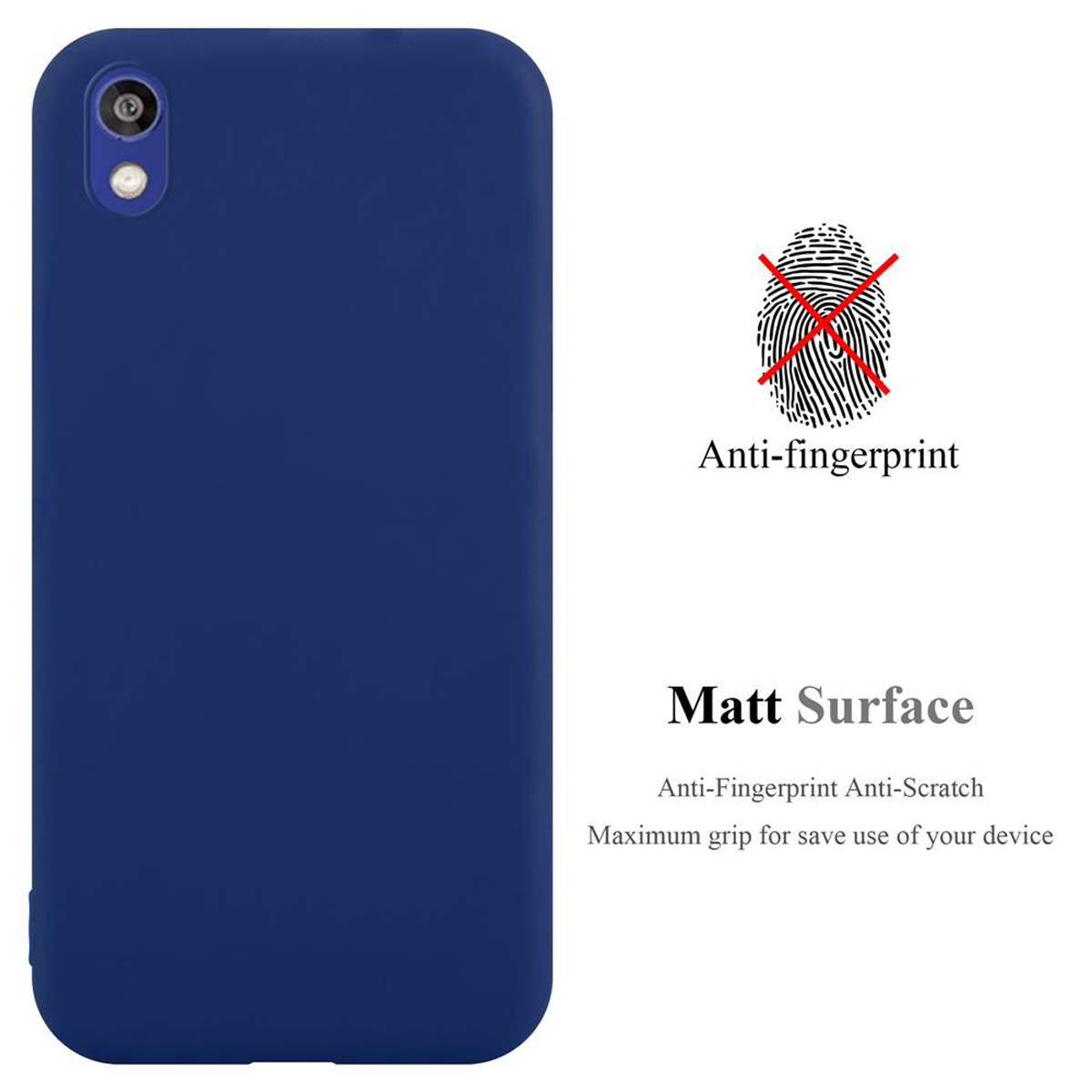 Una custodia per telefono blu scuro con un segno anti-impronta e le parole 'Matt Surface'.