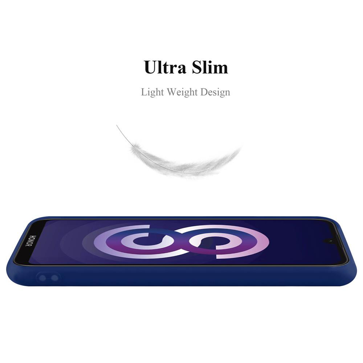 Una custodia blu per telefono è mostrata con una piuma e il testo “Ultra Slim”. Lo sfondo è bianco.