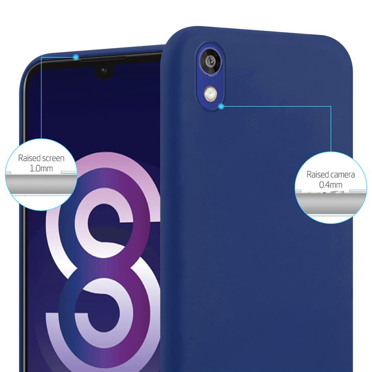 Una custodia blu navy con un telefono. La custodia ha bordi rialzati per proteggere schermo e fotocamera.