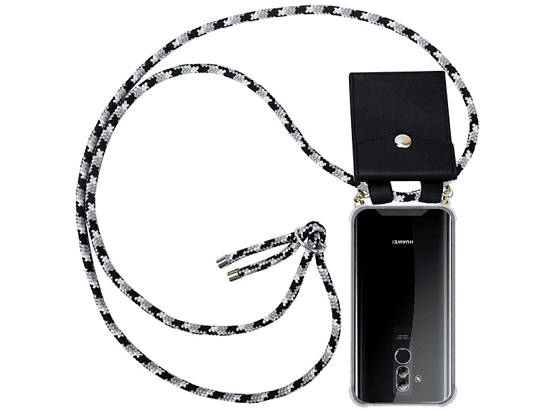 CADORABO Handy Kette mit Gold Ringen, Kordel Band und abnehmbarer Hülle, Backcover, Huawei, MATE 20 LITE, SCHWARZ CAMOUFLAGE