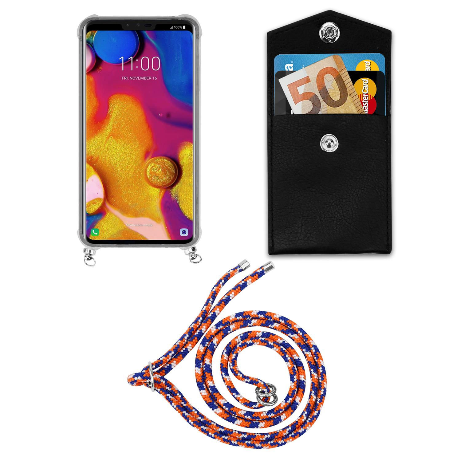 Telefon mit Schlüsselband und schwarzer Hülle. Die Hülle hat eine Tasche mit Karten.