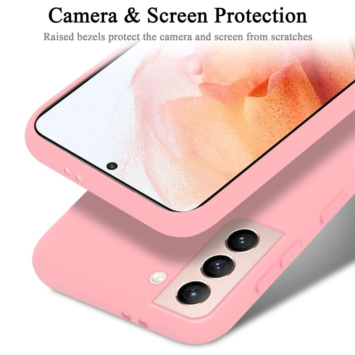 Custodia per telefono rosa con telefono all'interno. Mostra protezione della fotocamera e dello schermo. Lunette rialzate.