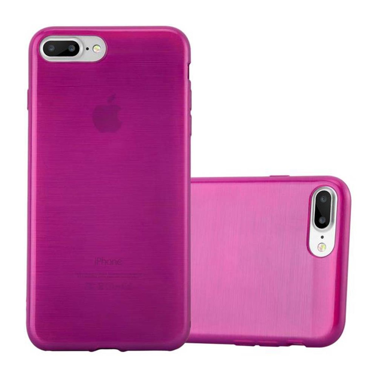Dos fundas magenta para teléfono, una de pie y otra tumbada.