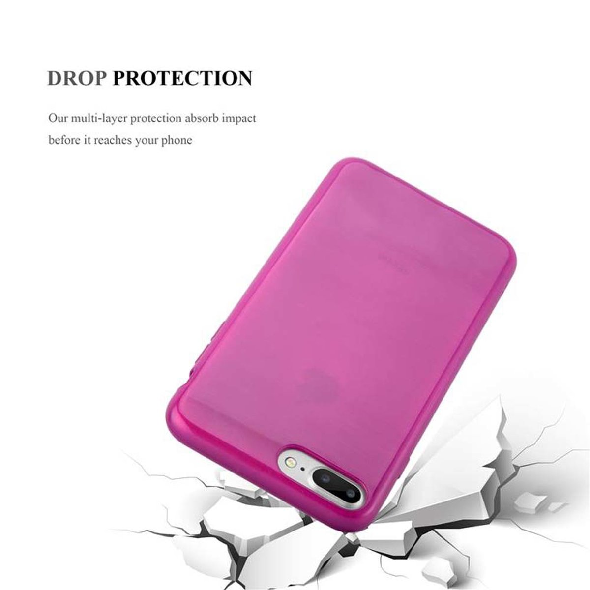 Una funda de teléfono rosa con un teléfono y una superficie blanca, mostrando protección contra caídas.