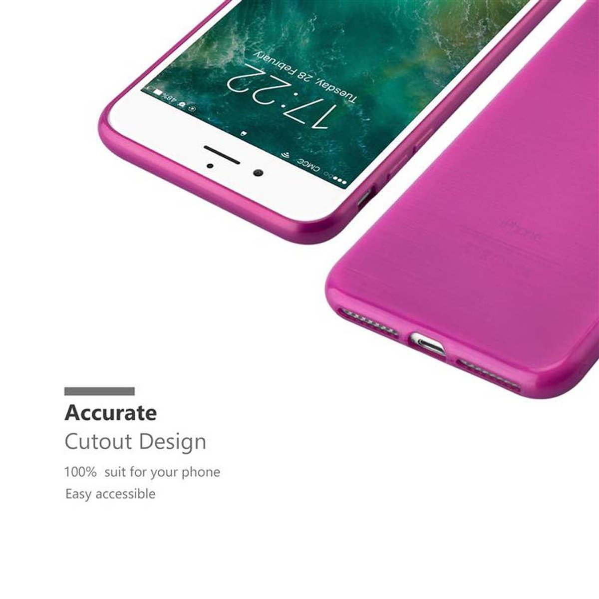 Teléfono en funda rosa, otra funda. Texto: Diseño de corte preciso.
