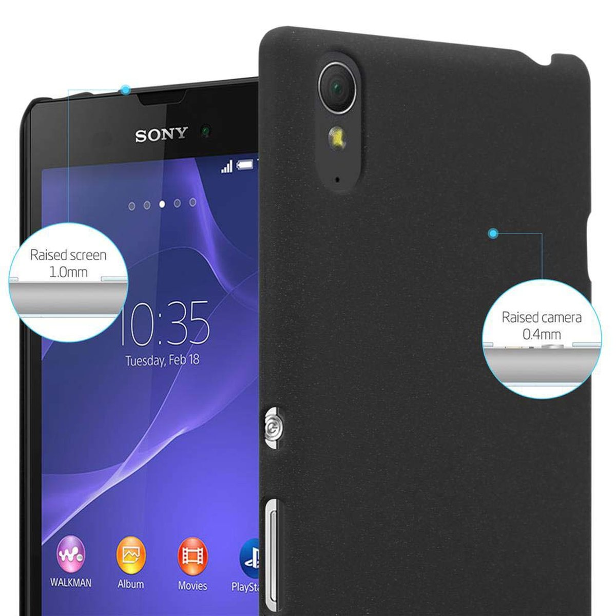 Ein schwarzes Telefon, Nahaufnahme, zeigt den Bildschirm und die Rückseite. Es zeigt auch die Funktionen des Telefons.