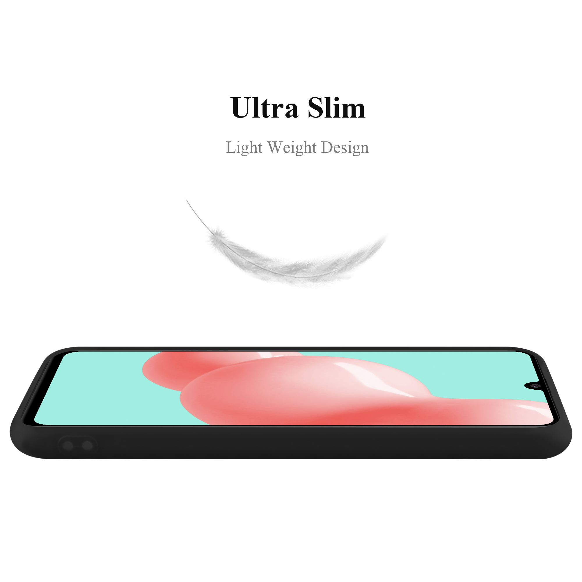 Eine schwarze Handyhülle auf weißem Hintergrund mit dem Text 'Ultra Slim' und einer Federgrafik.