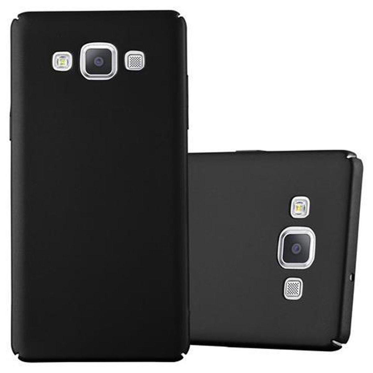 Dos fundas negras para teléfonos móviles; una muestra la cámara y el flash del teléfono.