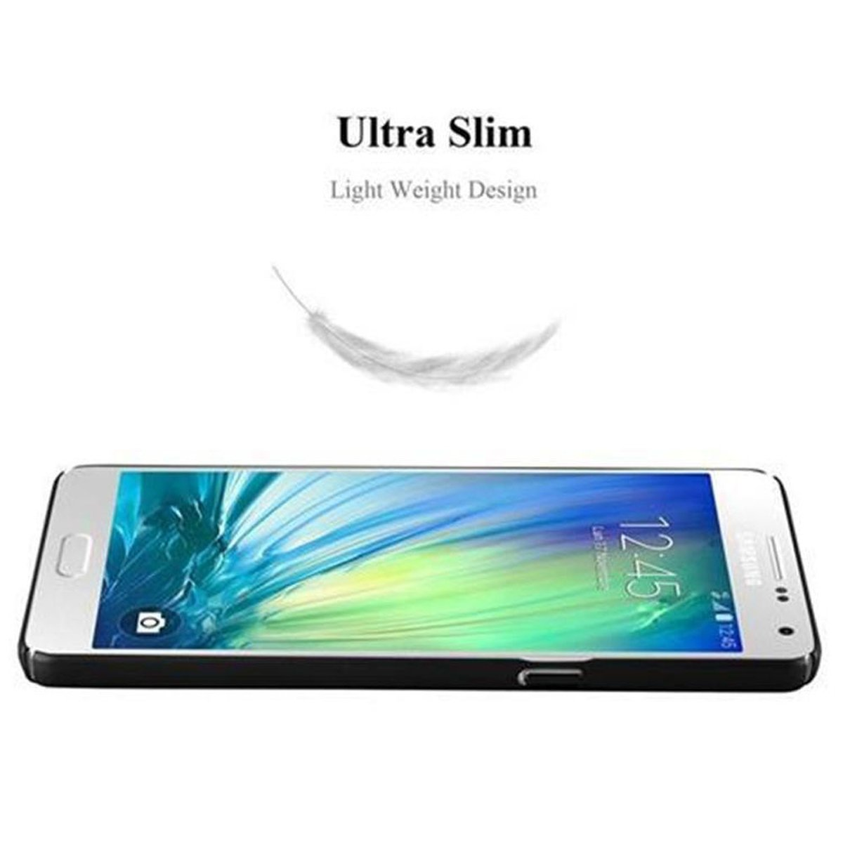 Un smartphone plateado, marco negro. Texto: Ultra Slim, Light Weight Design. Una pluma flota arriba.