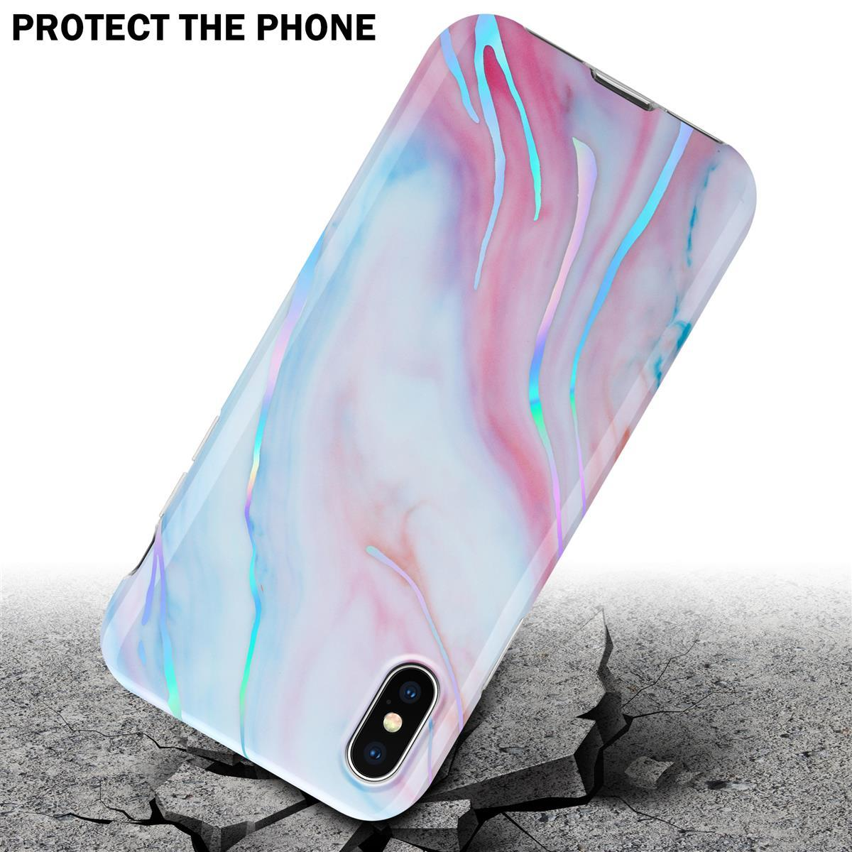 Una custodia per telefono con un design marmorizzato sta cadendo e sta incrinando il terreno sottostante.