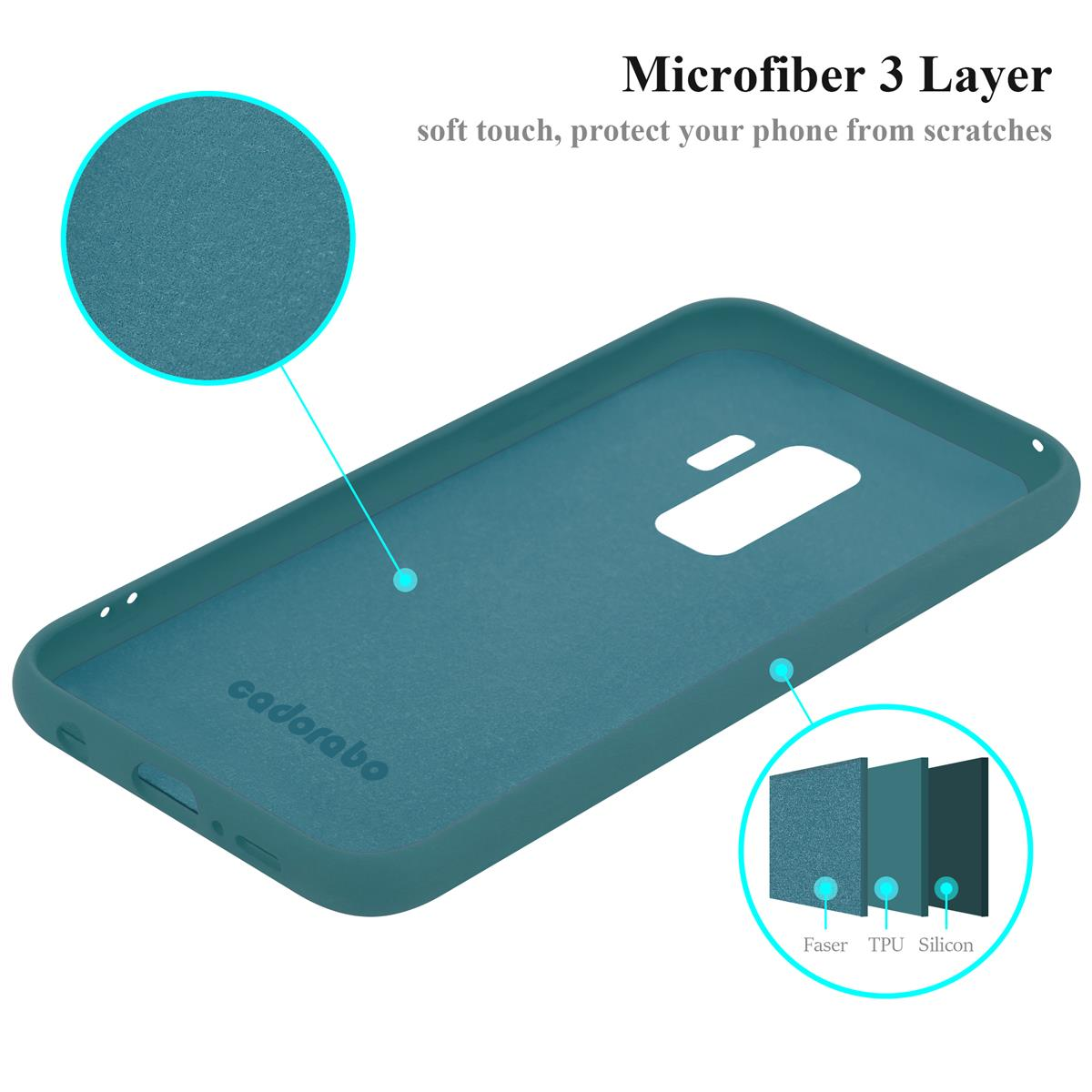 Innenseite einer tealfarbenen Handyhülle. Es zeigt drei Schichten. Der Text lautet 'Microfiber 3 Layer', Soft Touch und Schutz vor Kratzern.