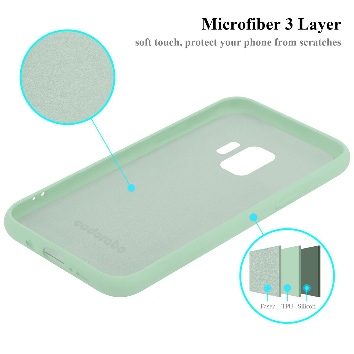 Grüne Handyhülleninnenseite mit Schichten: Faser, TPU und Silikon. Der Text oben lautet Microfiber 3 Layer.