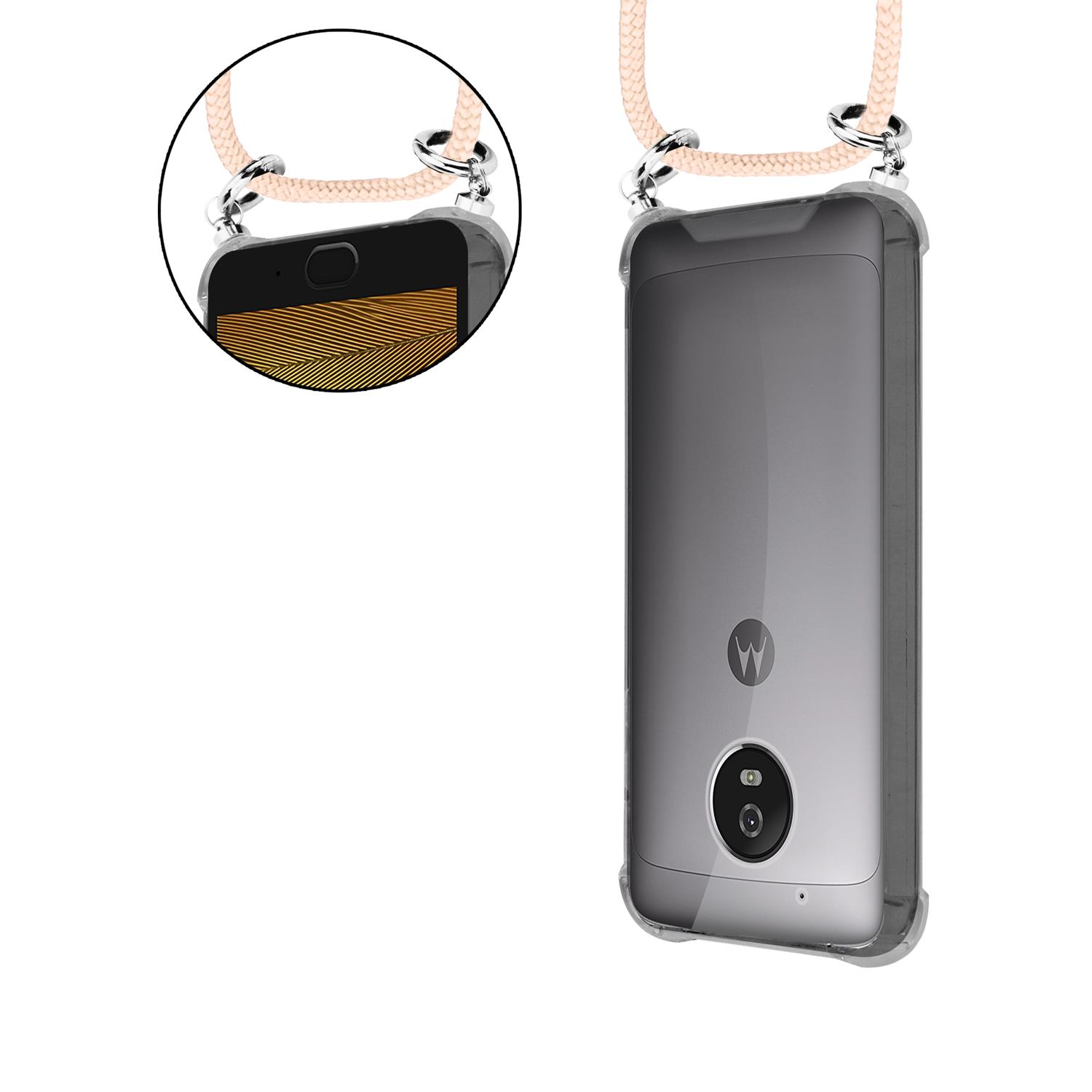 Telefon mit Lanyard. Das Telefon ist grau mit einer transparenten Hülle. Das Lanyard ist hellrosa.