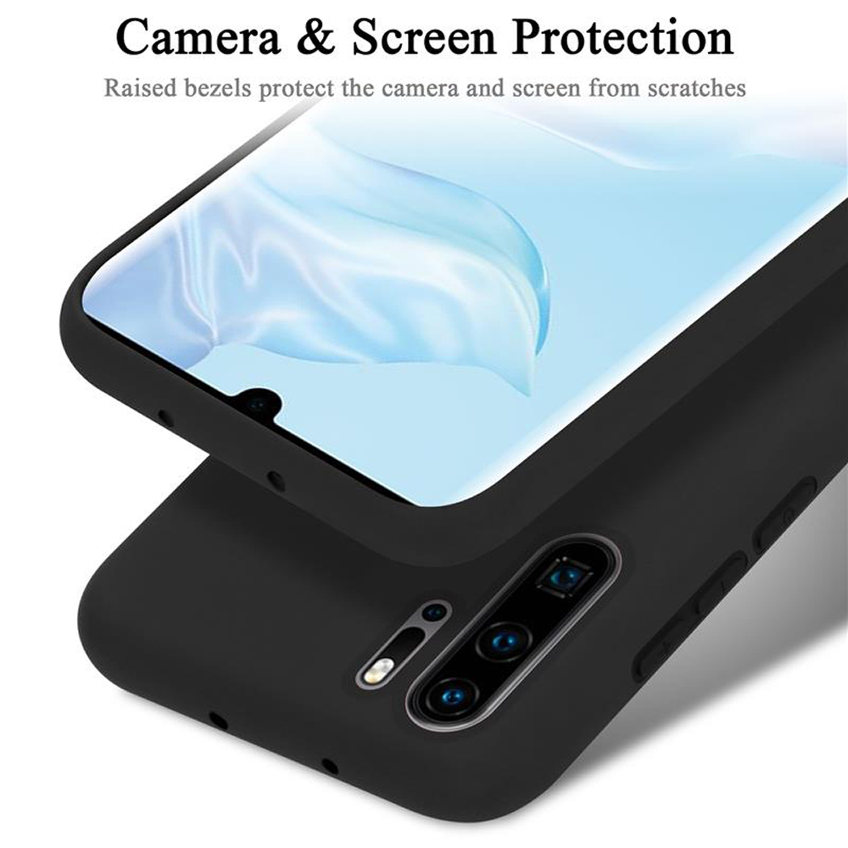 Ein Telefon und eine schwarze Hülle. Text: Kamera- und Bildschirmschutz. Die Hülle schützt beides.