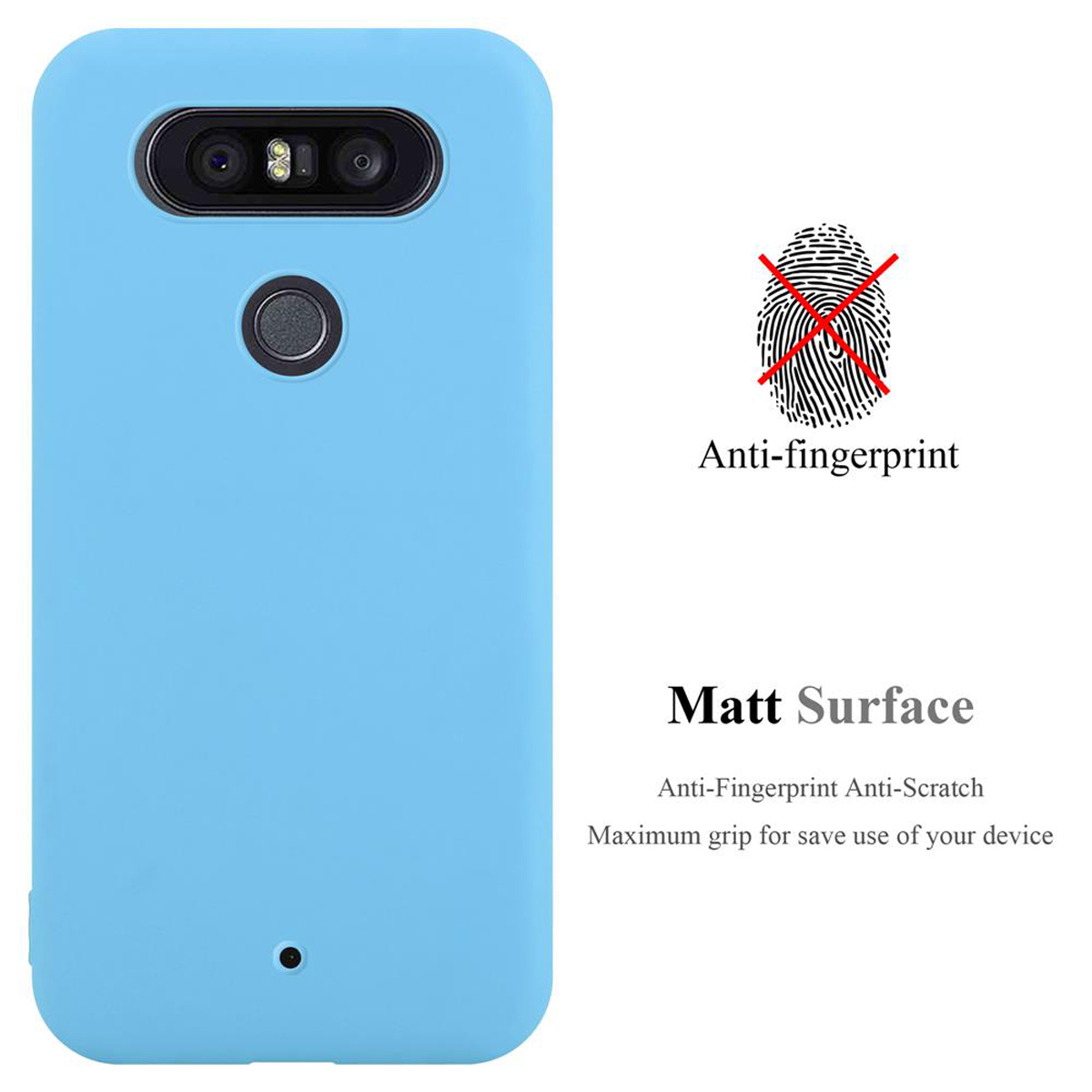 Hellblaue Handyhülle. Text: Anti-Fingerabdruck, Matt Oberfläche. Die Hülle hat ein Loch für die Kamera.