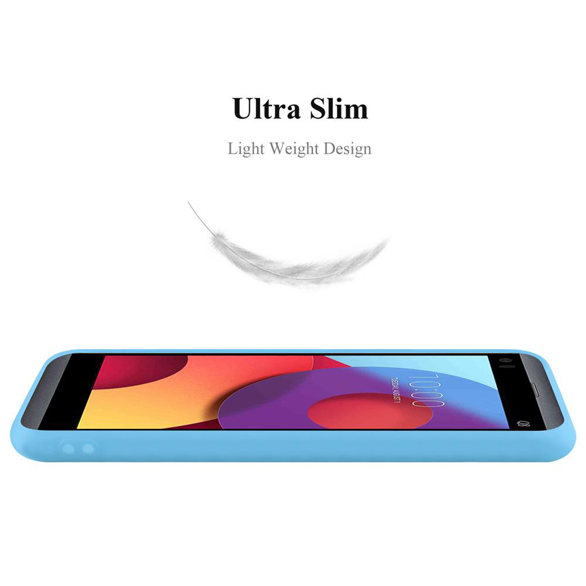 Eine hellblaue Handyhülle auf einer weißen Oberfläche. Der Text darüber lautet Ultra Slim und Light Weight Design.