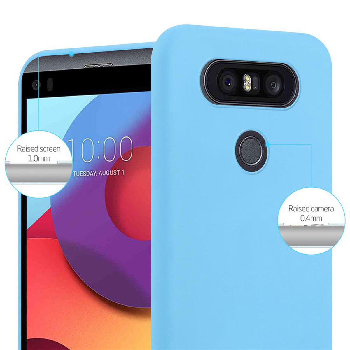 Eine hellblaue Handyhülle mit einem Telefon darin. Die Hülle schützt die Kamera und den Bildschirm.