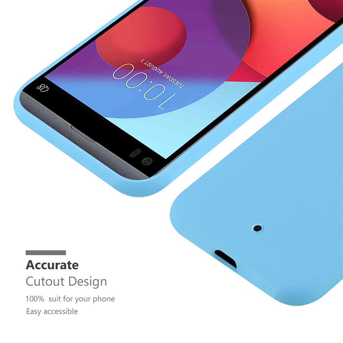 Eine blaue Handyhülle mit einem Telefon darin, der Bildschirm zeigt Zeit und Datum an.