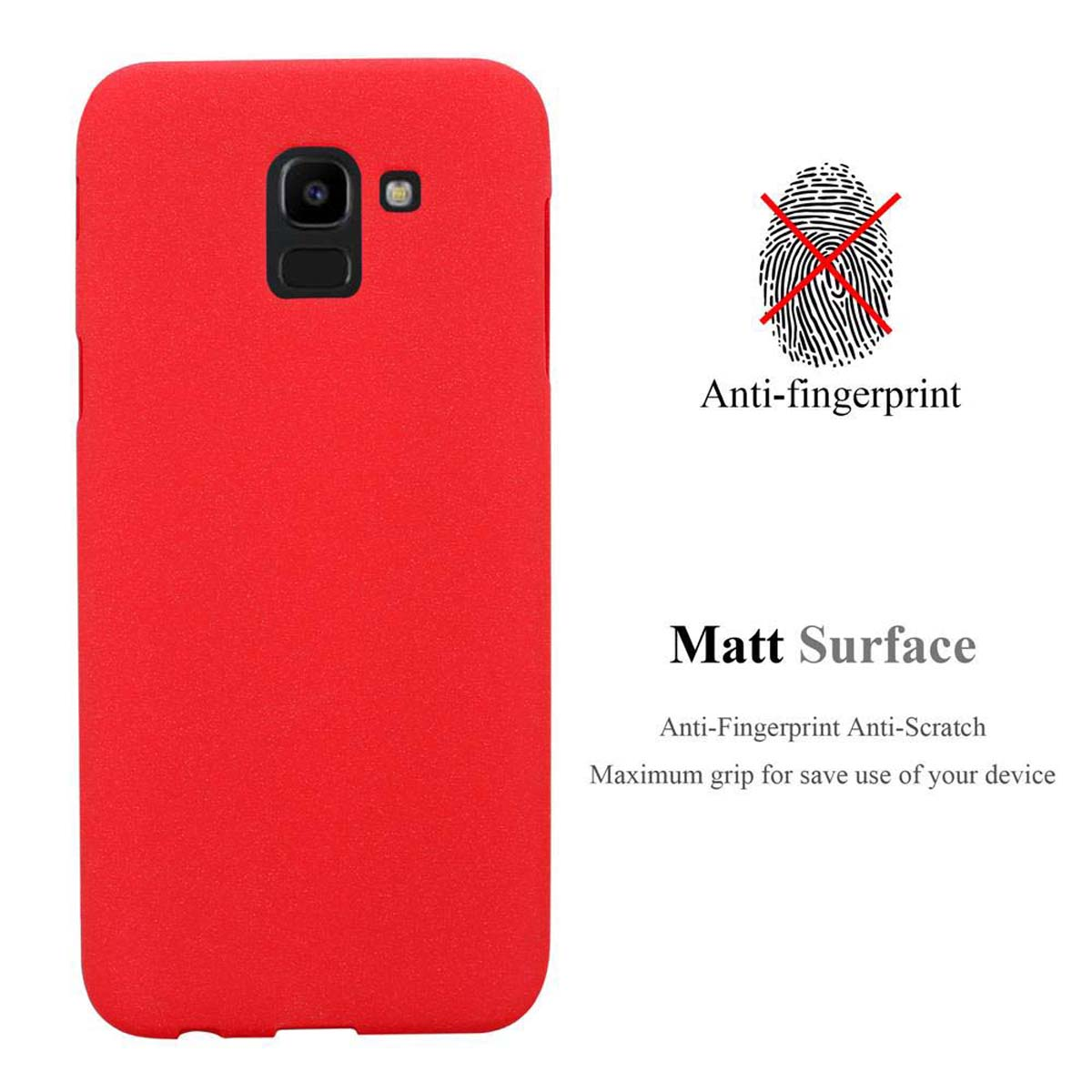 Custodia per telefono rossa con sfondo rosso. Testo: Anti-impronte, superficie opaca, antigraffio, presa.