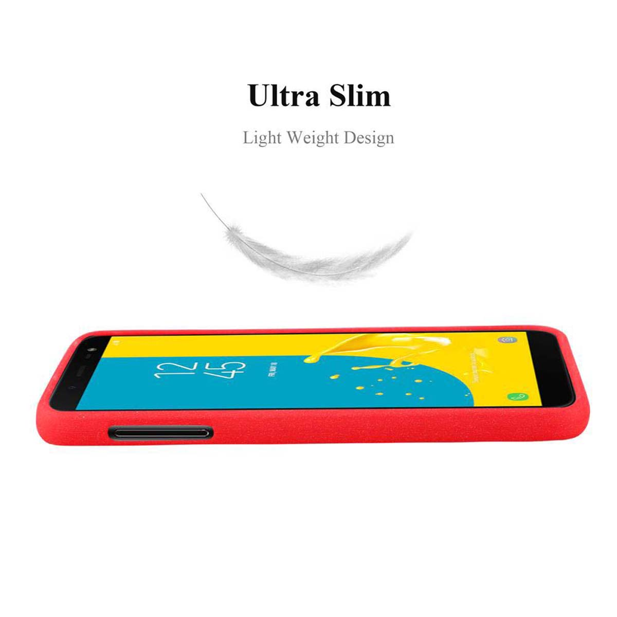 Custodia rossa con telefono all'interno. Testo: Ultra Slim. Una piuma fluttua sopra.