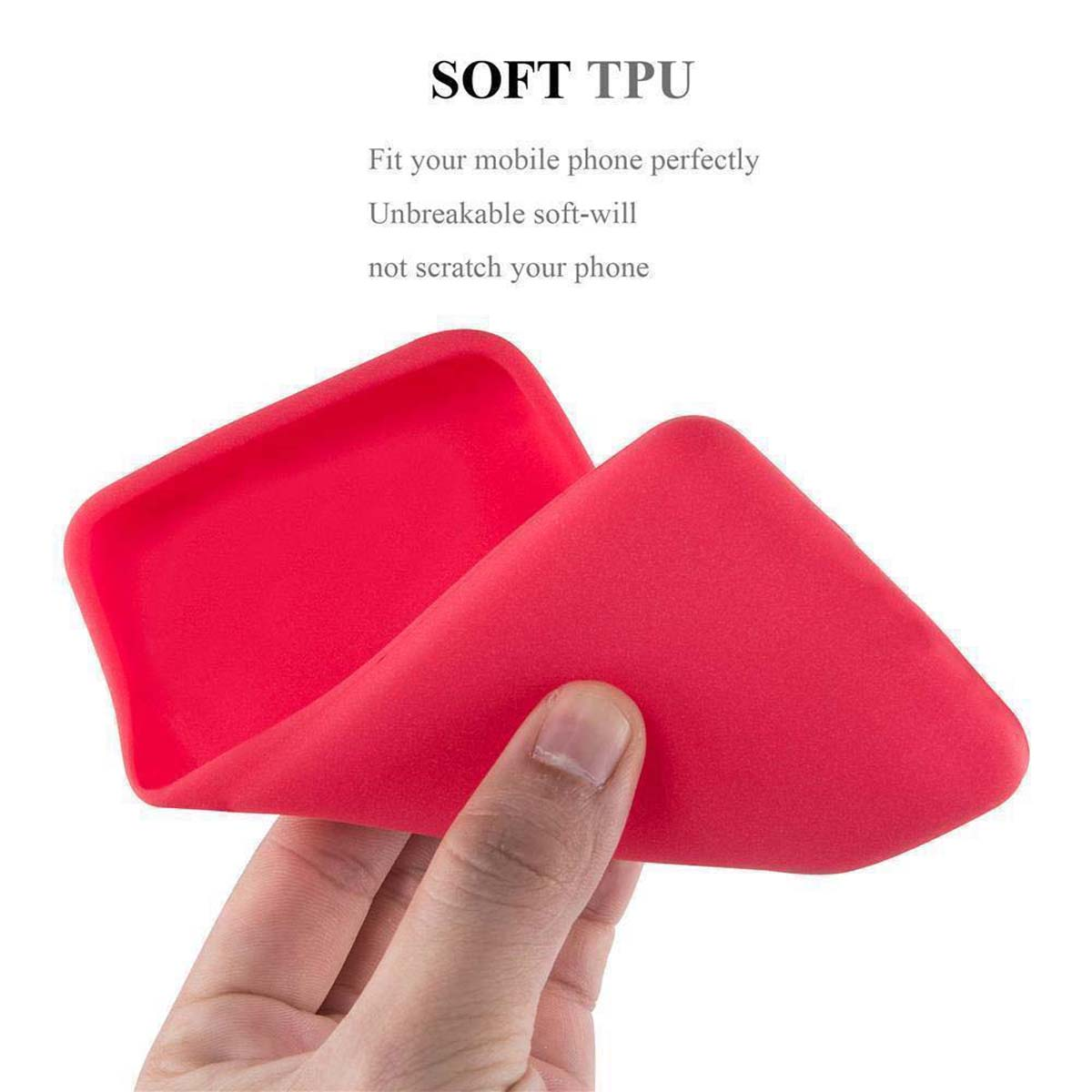 Una custodia per telefono rossa, piegata per mostrare la sua flessibilità. Il testo indica materiale TPU morbido.