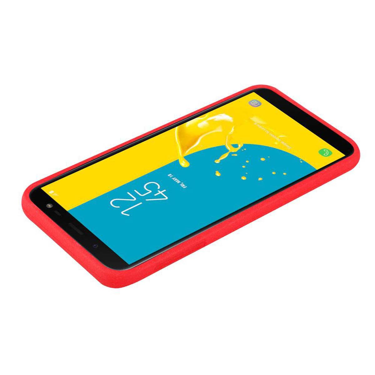 Un telefono in una custodia rossa, che mostra lo schermo con sfondo giallo e blu.