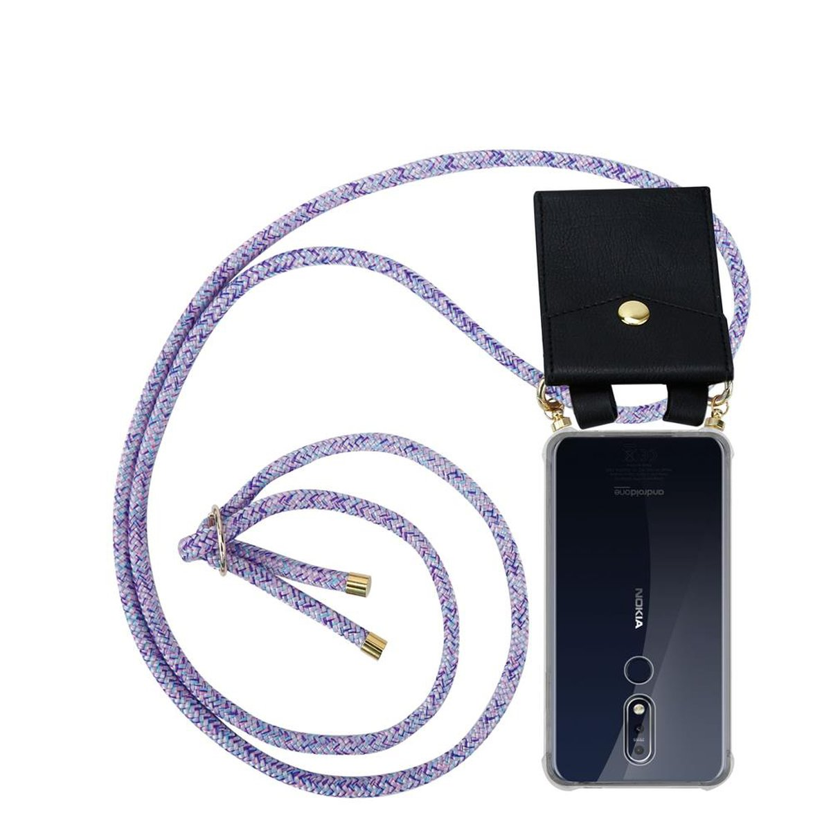 Lila Kabel mit Handyhülle. Schwarze Ledertasche befestigt. Telefon sichtbar.