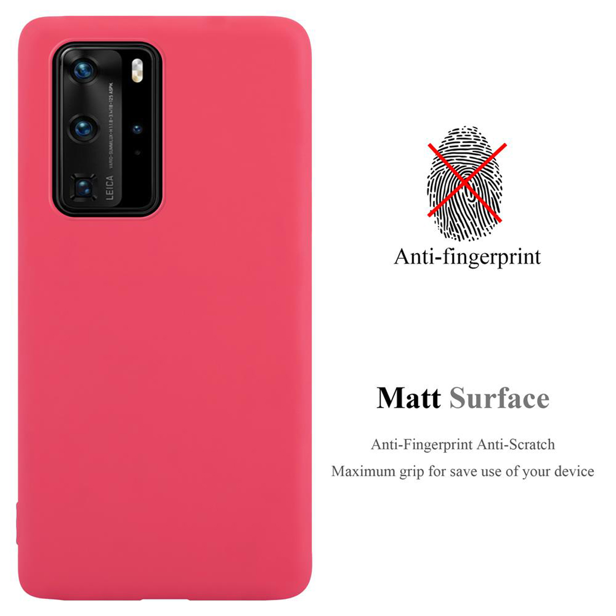 Una custodia rossa con testo: Anti-impronte, superficie opaca, antigraffio e presa.