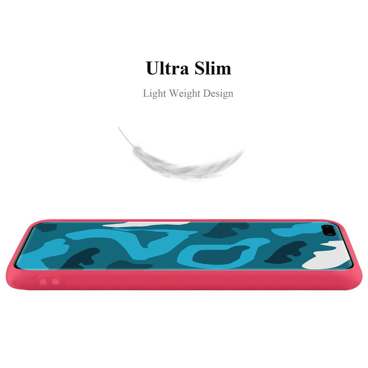 Custodia per telefono rossa con design mimetico, design leggero, una piuma su sfondo bianco.