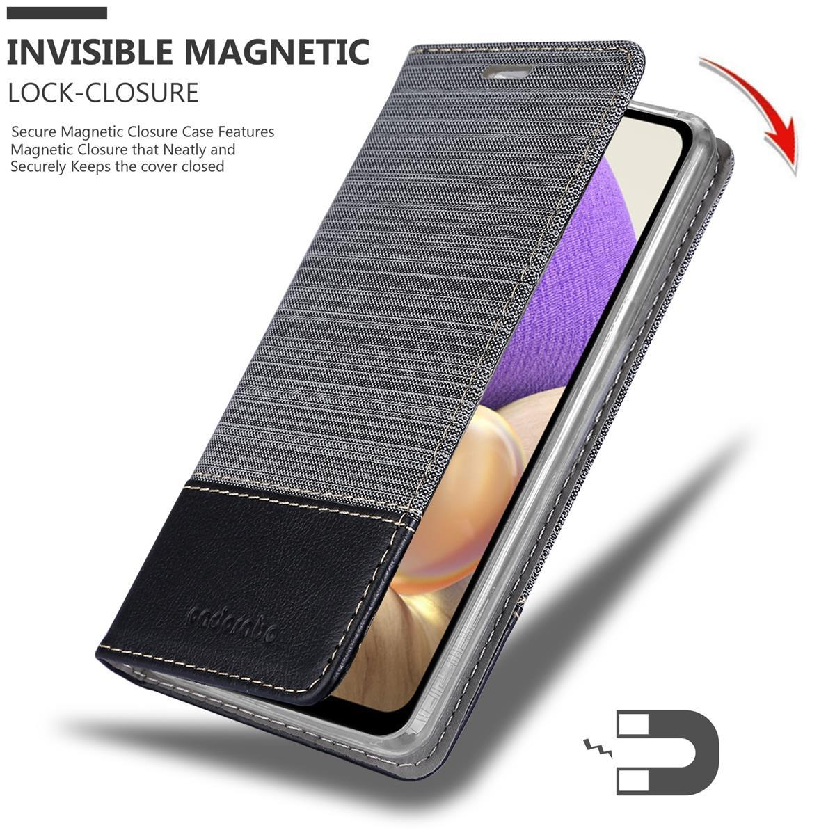 Custodia per telefono in stile libro, grigia con accento nero, chiusura magnetica. Viene visualizzato lo schermo del telefono.