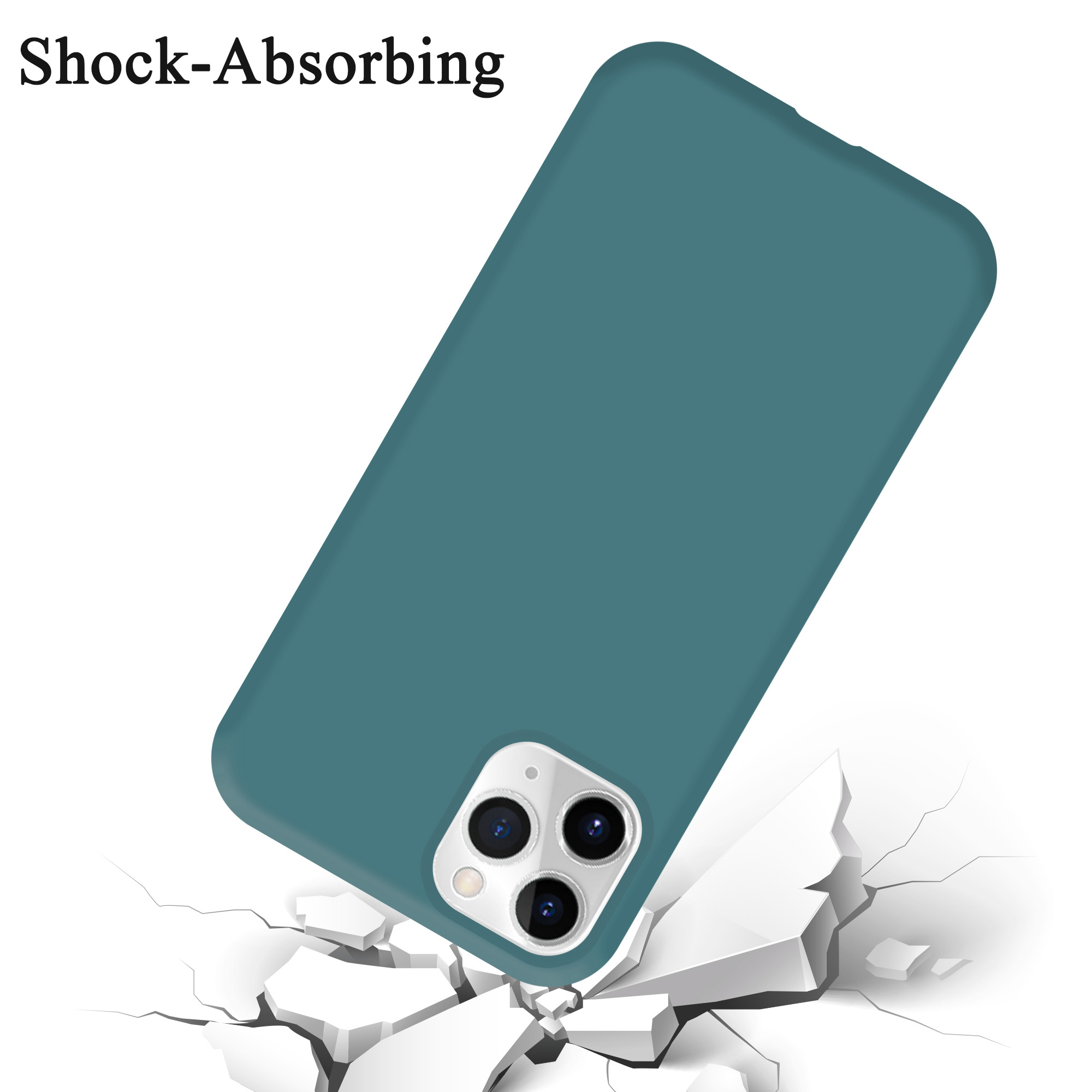 Custodia per telefono color verde acqua angolata su una superficie bianca, con crepe che emanano dal basso. Testo: Antishock.