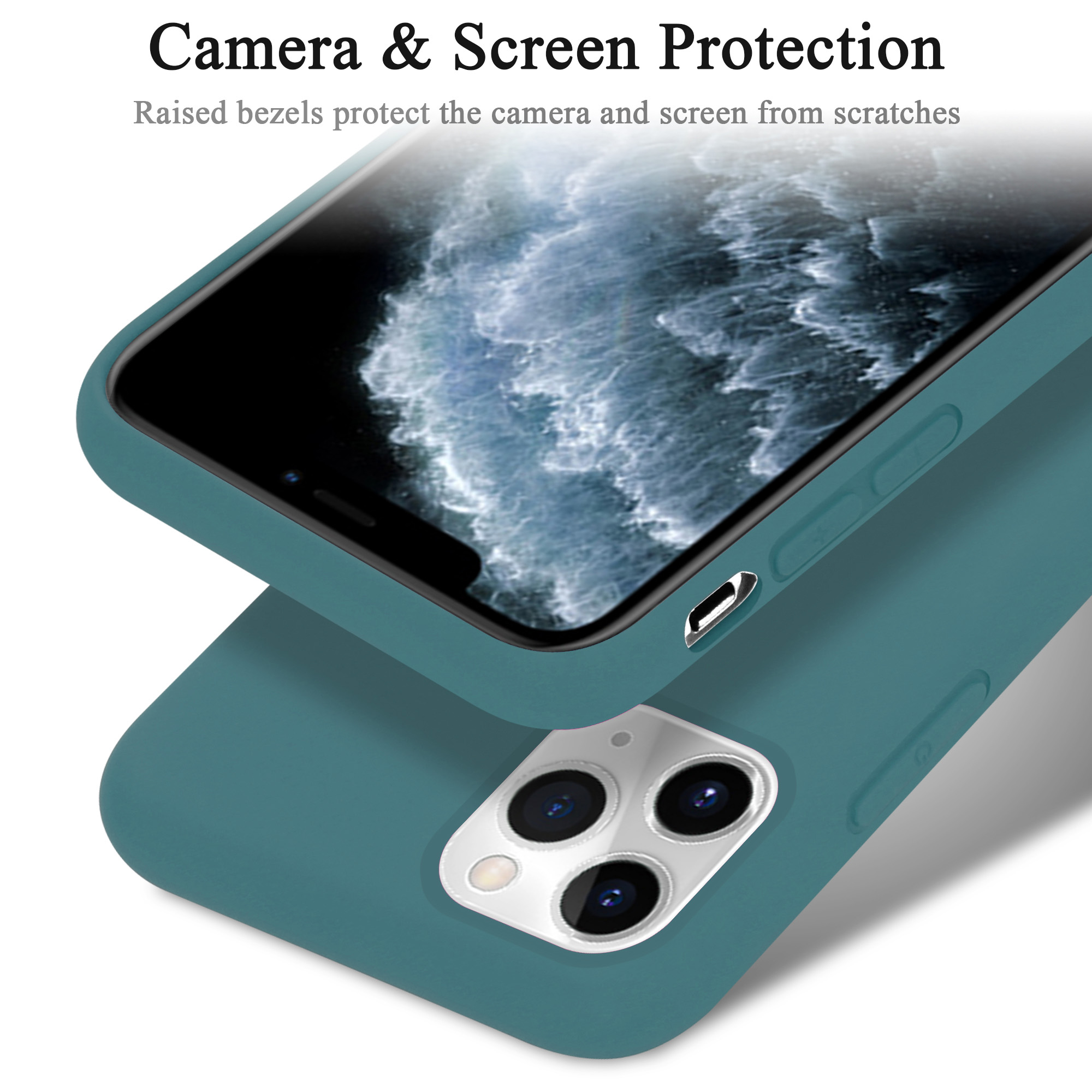 Due custodie per telefono verde scuro. Testo: Protezione fotocamera e schermo. Le cornici proteggono.
