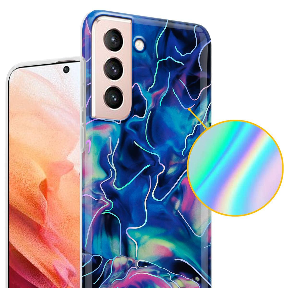 Una custodia per telefono con un design astratto blu e rosa. Un telefono a sinistra.