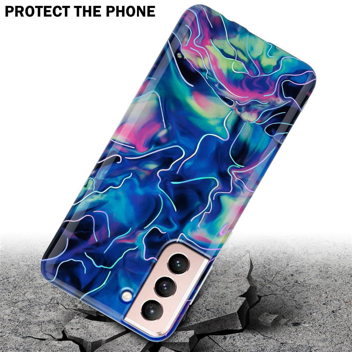 Una custodia per telefono con un design astratto colorato, su una superficie incrinata. Le parole PROTECT THE PHONE sono sopra.