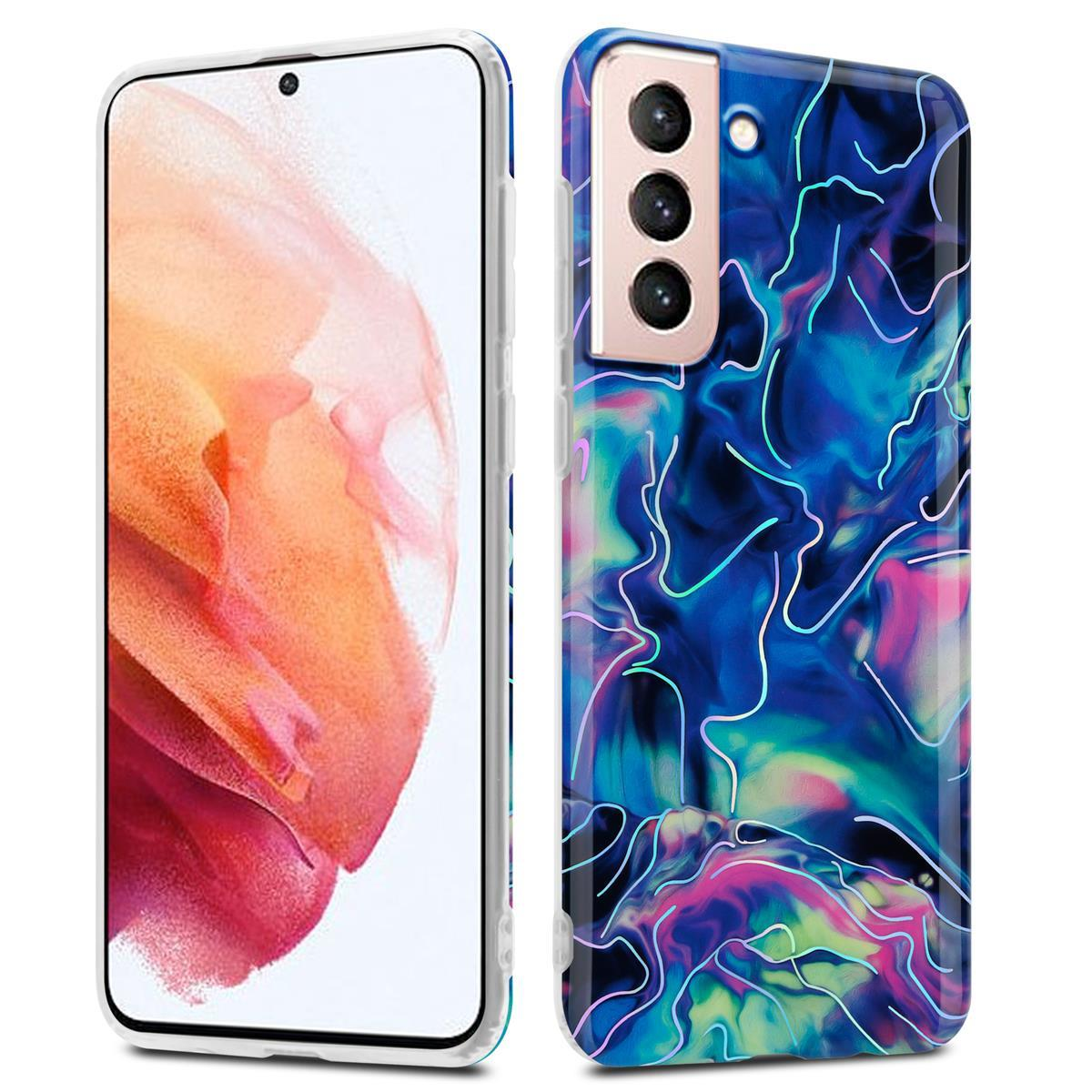 Due telefoni, uno in una custodia con un motivo colorato e l'altro con una custodia trasparente, su sfondo bianco.